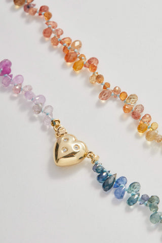 Hydra Heart Sapphire Rainbow necklace with a solid 14k gold heart clasp set with diamonds.