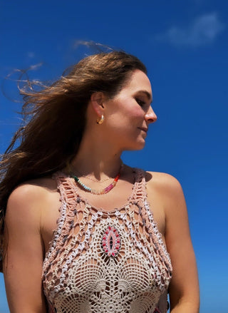 Large Tropical Rainbow necklace, mixed gemstones knotted on silk, styled with a vintage gold charm.