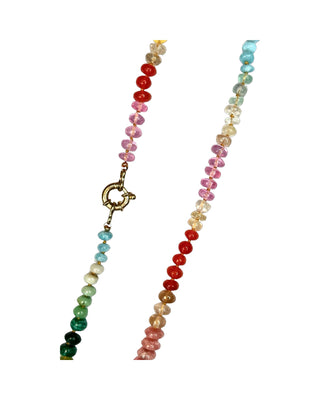 Large Tropical Rainbow necklace, mixed gemstones knotted on silk, styled with a vintage gold charm.