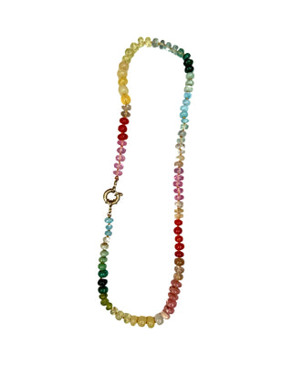 Large Tropical Rainbow necklace, mixed gemstones knotted on silk, styled with a vintage gold charm.