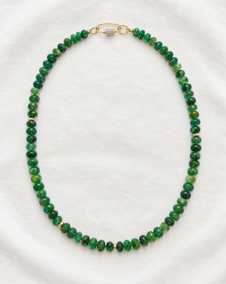 Loch Maree Emerald Necklace, emerald beads finished with a 14k gold pavé diamond carabiner clasp.