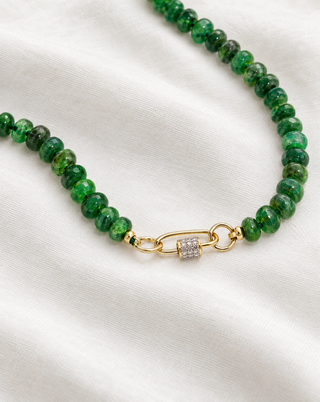 Loch Maree Emerald Necklace, emerald beads finished with a 14k gold pavé diamond carabiner clasp.