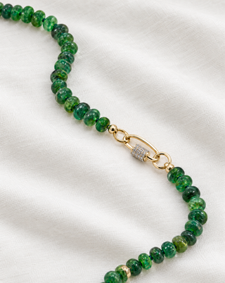 Loch Maree Emerald Necklace, emerald beads finished with a 14k gold pavé diamond carabiner clasp.