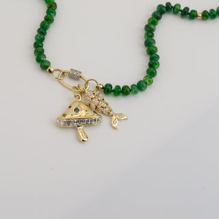 Loch Maree Emerald Necklace, emerald beads finished with a 14k gold pavé diamond carabiner clasp.