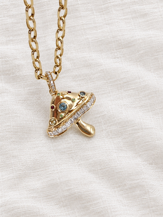 Sapphire Magic Mushroom charm in 9k gold, by Sorsa Jewellery.