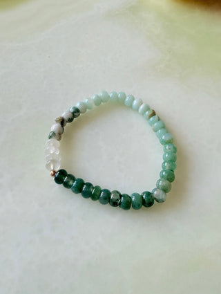 Moss stretch bracelet, moonstone, agate and jasper beads with a 14k gold bead.