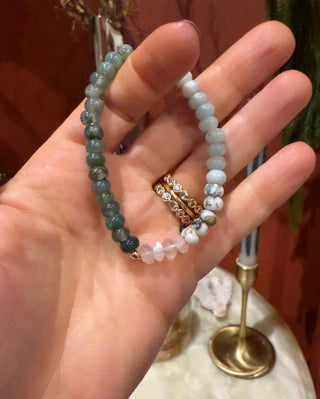 Moss stretch bracelet, moonstone, agate and jasper beads with a 14k gold bead.