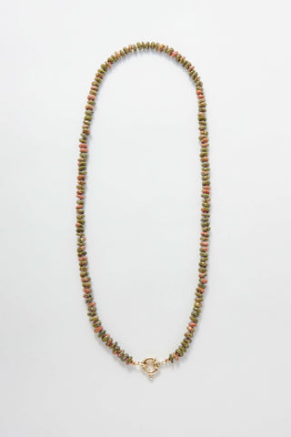 Moss Trail Rainbow necklace in faceted unakite, hand-knotted silk with a 9k gold bolt clasp.