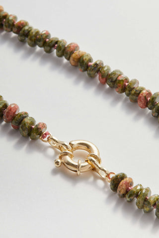 Moss Trail Rainbow necklace in faceted unakite, hand-knotted silk with a 9k gold bolt clasp.
