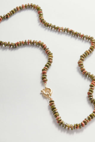 Moss Trail Rainbow necklace in faceted unakite, hand-knotted silk with a 9k gold bolt clasp.
