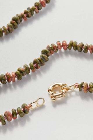 Moss Trail Rainbow necklace in faceted unakite, hand-knotted silk with a 9k gold bolt clasp.