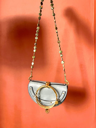 Mossy Autumn Floor bag strap, rhyolite beads knotted on mocha silk with a brass trigger clip.
