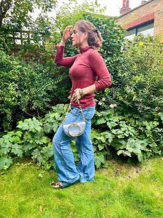 Mossy Autumn Floor bag strap, rhyolite beads knotted on mocha silk with a brass trigger clip.