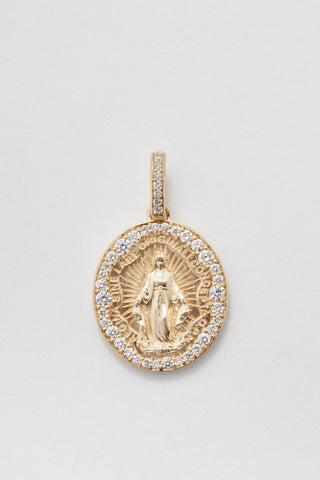 The Mother Miraculous Medal diamond charm in matte 9k recycled gold, Madonna design.