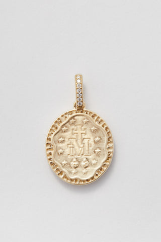 The Mother Miraculous Medal diamond charm in matte 9k recycled gold, Madonna design.