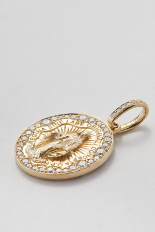 The Mother Miraculous Medal diamond charm in matte 9k recycled gold, Madonna design.
