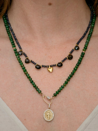 The Mother Miraculous Medal diamond charm in matte 9k recycled gold, Madonna design.