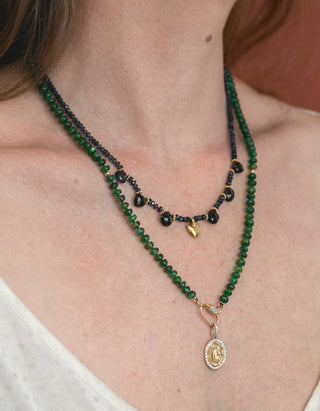 The Mother Miraculous Medal diamond charm in matte 9k recycled gold, Madonna design.