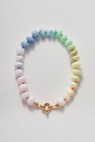 New Mother bracelet with opal, chrysoprase and larimar, on silk with 14ct gold bolt ring clasp.