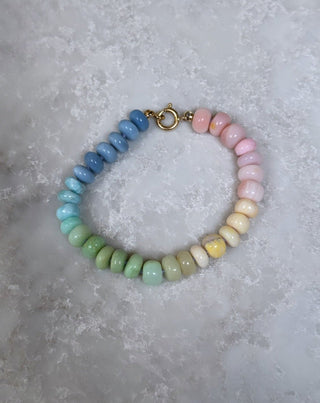 New Mother bracelet with opal, chrysoprase and larimar, on silk with 14ct gold bolt ring clasp.