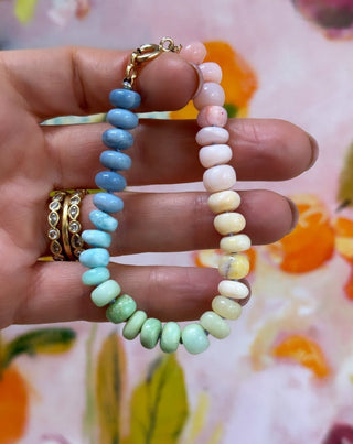 New Mother bracelet with opal, chrysoprase and larimar, on silk with 14ct gold bolt ring clasp.