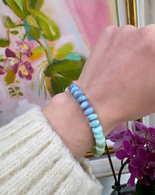 New Mother bracelet with opal, chrysoprase and larimar, on silk with 14ct gold bolt ring clasp.