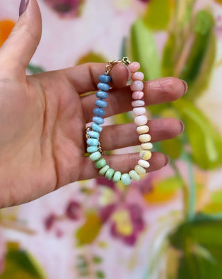 New Mother bracelet with opal, chrysoprase and larimar, on silk with 14ct gold bolt ring clasp.