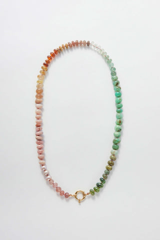 Notting Hill Rainbow necklace, hand-knotted gemstones on silk with a 9ct gold bolt ring clasp.