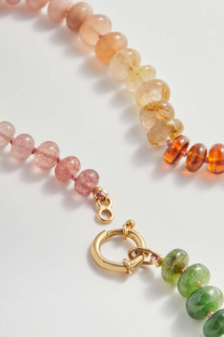 Notting Hill Rainbow necklace, hand-knotted gemstones on silk with a 9ct gold bolt ring clasp.