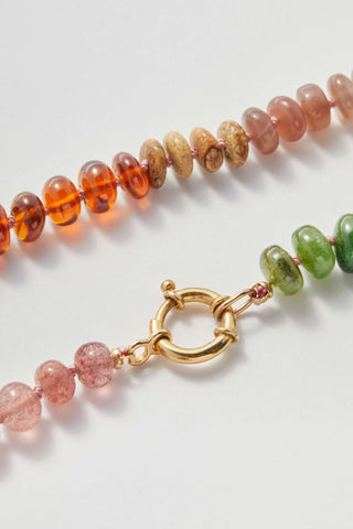 Notting Hill Rainbow necklace, hand-knotted gemstones on silk with a 9ct gold bolt ring clasp.