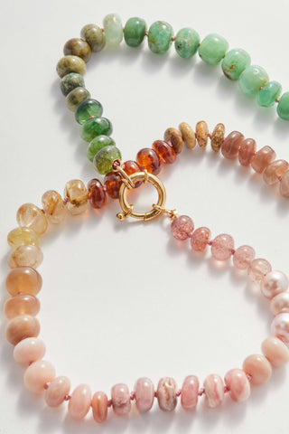 Notting Hill Rainbow necklace, hand-knotted gemstones on silk with a 9ct gold bolt ring clasp.