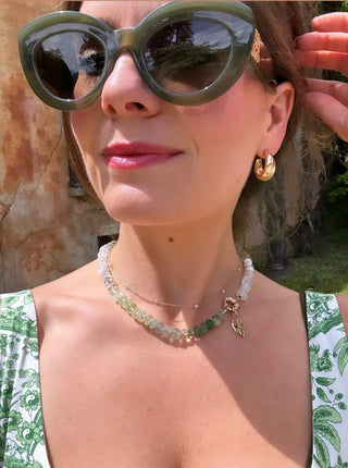 Pale Como Rainbow necklace, mixed gemstone beads knotted on silk with a 9k gold bolt clasp.
