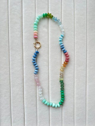 Pastel Rainbow necklace, mixed pastel gemstones knotted on silk with a 14k gold bolt clasp.