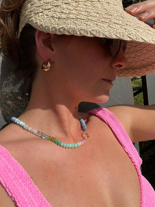 Pastel Rainbow necklace, mixed pastel gemstones knotted on silk with a 14k gold bolt clasp.