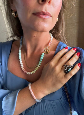 Pink Clouds Stretch Bracelet, hand-strung stretchy gemstones finished with a 14k gold bead.