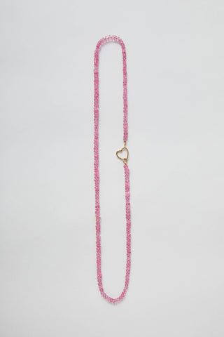 Pink Topaz Gemstone Necklace, faceted topaz beads on silk with a 14k gold heart clasp.