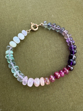 Plum Rainbow Bracelet, mixed gemstones knotted on silk with an 18k gold clasp.
