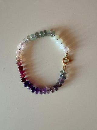 Plum Rainbow Bracelet, mixed gemstones knotted on silk with an 18k gold clasp.