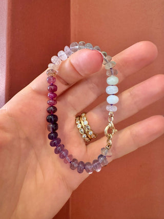 Plum Rainbow Bracelet, mixed gemstones knotted on silk with an 18k gold clasp.