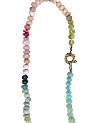 Large Rainbow Candy Choker, mixed gemstones knotted on silk with a 9k gold bolt clasp.