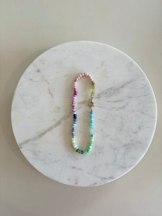 Large Rainbow Candy Choker, mixed gemstones knotted on silk with a 9k gold bolt clasp.