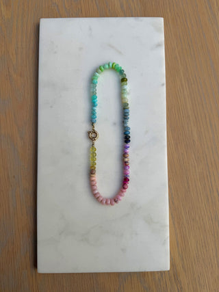 Large Rainbow Candy Choker, mixed gemstones knotted on silk with a 9k gold bolt clasp.