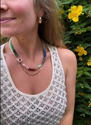 Rainbow of Joy necklace, mixed gemstones knotted on silk with a 9k gold bolt clasp.