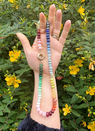 Rainbow of Joy necklace, mixed gemstones knotted on silk with a 9k gold bolt clasp.