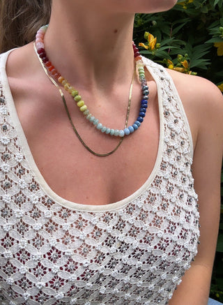 Rainbow of Joy necklace, mixed gemstones knotted on silk with a 9k gold bolt clasp.