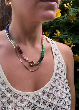 Rainbow of Joy necklace, mixed gemstones knotted on silk with a 9k gold bolt clasp.