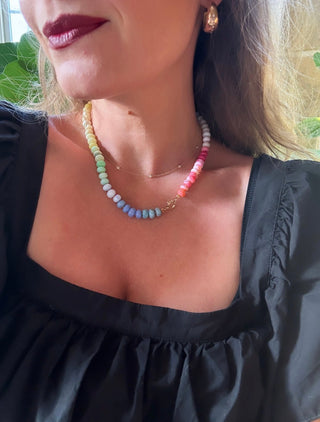 Rainbow Opal necklace, mixed opal gemstones knotted on silk with a 14k gold bolt clasp.