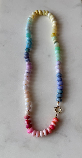 Rainbow Opal necklace, mixed opal gemstones knotted on silk with a 14k gold bolt clasp.