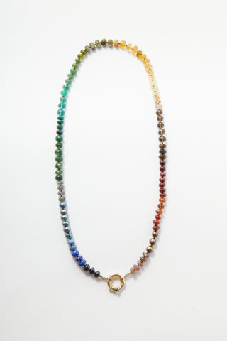 Rich Forest Rainbow gemstone necklace, hand-knotted on silk with a 9k gold bolt clasp.