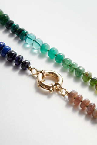 Rich Forest Rainbow gemstone necklace, hand-knotted on silk with a 9k gold bolt clasp.